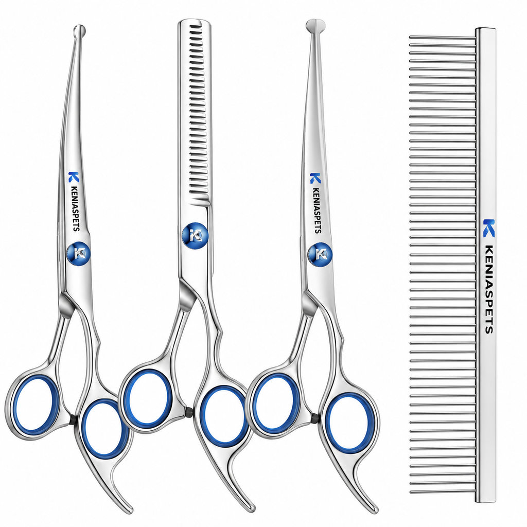 KENIASPETS 4-in-1 Professional Pet Grooming Scissors Kit – Straight, Curved & Thinning Shears with Grooming Comb