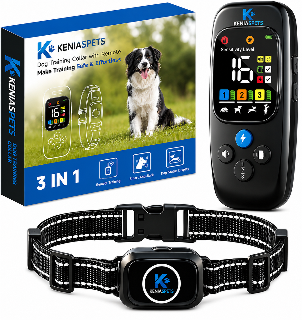 KENIASPETS 3-in-1 Remote Dog Training & Bark Control Collar – Adjustable Training System for Dogs